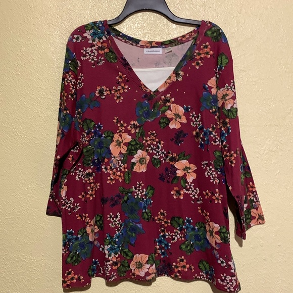 i.b.diffusion Top Blouse 2X Burgundy Red Blue Pink Floral Pullover Stretch - Picture 1 of 12